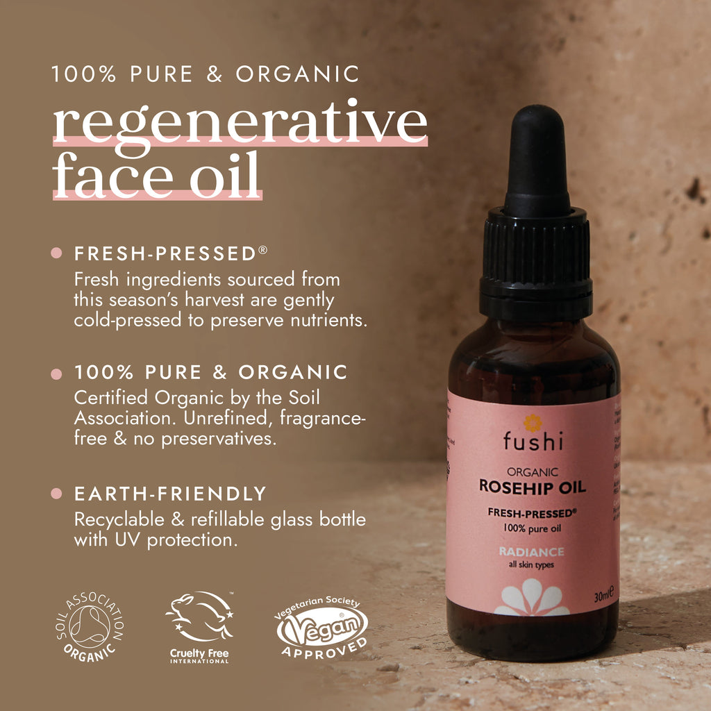 Fushi Organic Rosehip Oil bottle with product details on a brown background