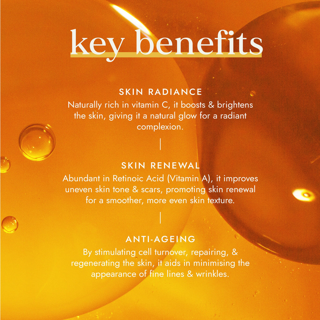 Key benefits of a skincare product with an orange background and text detailing skin radiance, renewal, and anti-aging effects.
