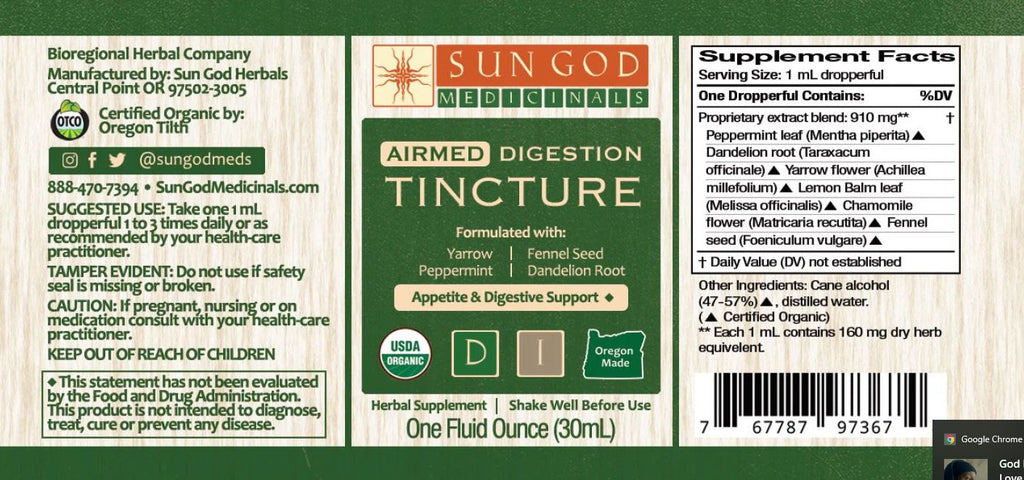 Organic Digestion Herbal Tincture - Support your Natural Digestive Efficiency - Guardian Angel Naturals